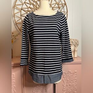 LOFT Boat neck, 3/4 sleeve Navy and‎ White Striped Top with bottom denim detail